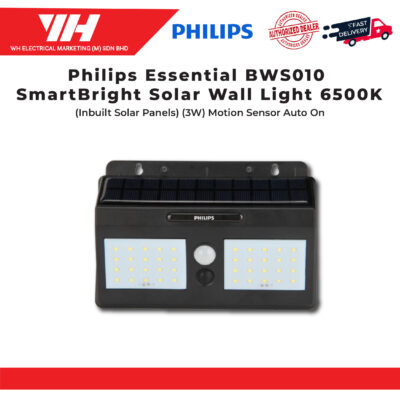 Philips Essential BWS010 SmartBright Solar Wall Light 6500K (Inbuilt Solar Panels) (0.5W/1.3W) Motion Sensor Auto On