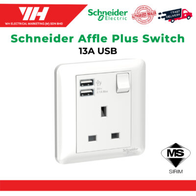 SCHNEIDER AFFLE PLUS 13A SWITCHED SOCKET OUTLET C/W 2.1A USB