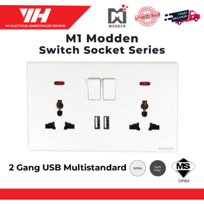 Modden 13A 2 Gang + USB Multistandard Switch and Socket (White/Dark Grey)