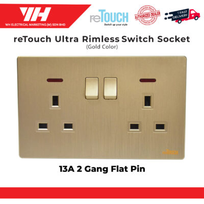 ReTouch Ultra Rimless 13A 2 Gang Flat Pin Switches Socket Gold