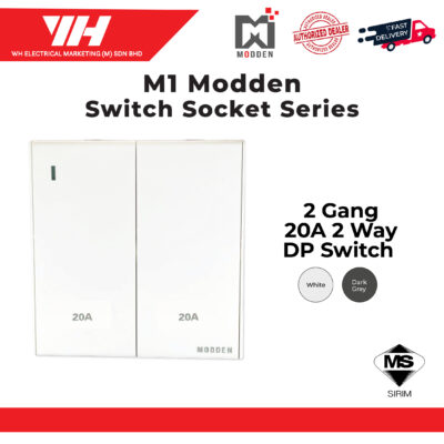 Modden 20A 2 Gang 2 Way Switch and Socket (White/Dark Grey)