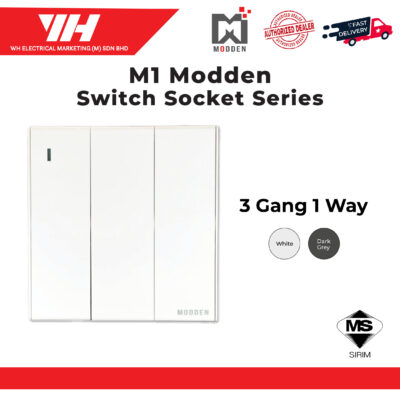 Modden 3 Gang 1 Way | 2 Way Switches and Socket (White/Dark Grey)